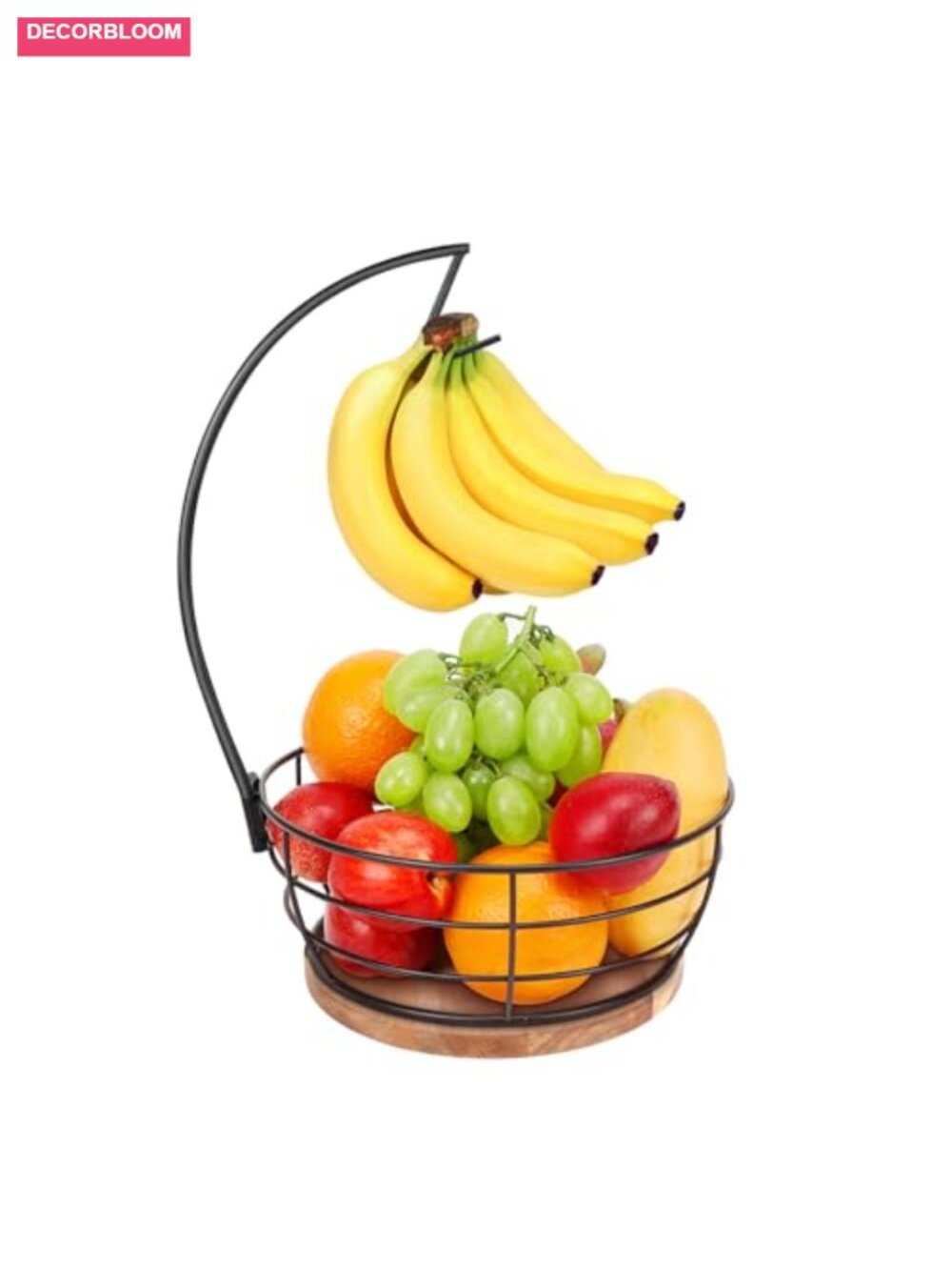 Metal Fruit Bowl with Banana Hanger Wooden Base Countertop Storage